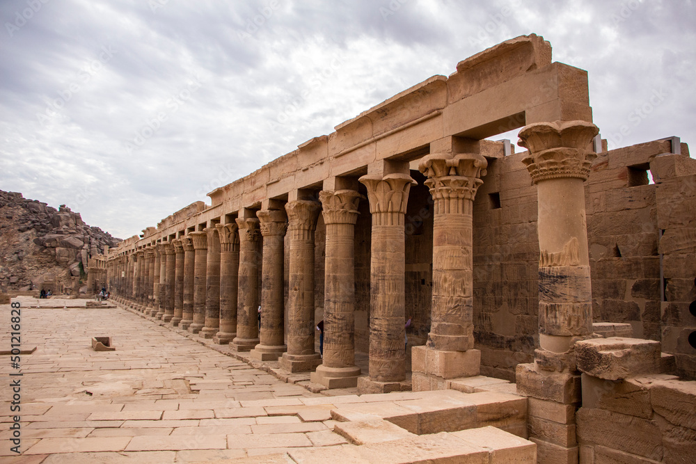 Pillars of Philae Temple in cloudy day, Aswan, Egypt
