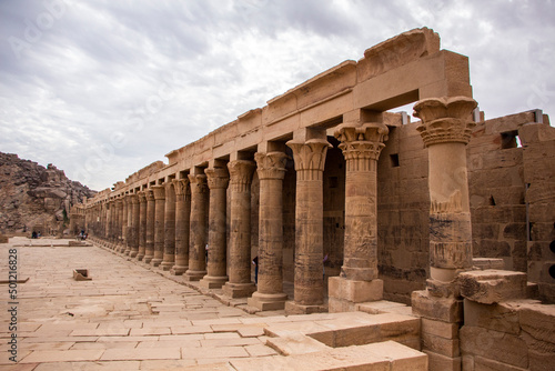 Pillars of Philae Temple in cloudy day, Aswan, Egypt