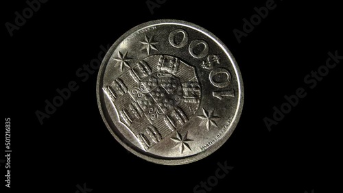 Reverse of Portugal coin 10 escudos 1971. Isolated in black background.  photo