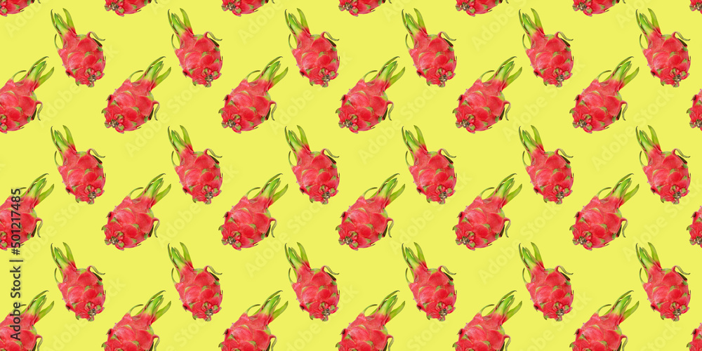 Seamless pattern of Dragon fruit on bright yellow background for wallpaper, fabric or wrapping-paper Seamless pattern of Dragon fruit on bright yellow background for wallpaper, fabric or wrapping-paper