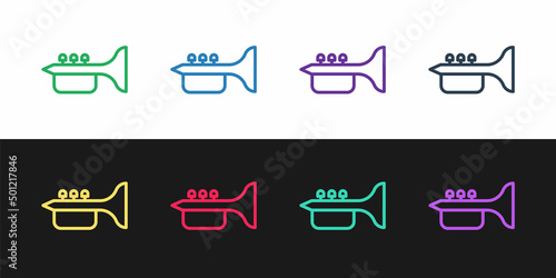 Set line Trumpet icon isolated on black and white background. Musical instrument trumpet. Vector