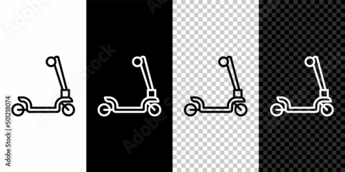 Set line Roller scooter for children icon isolated on black and white, transparent background. Kick scooter or balance bike. Vector