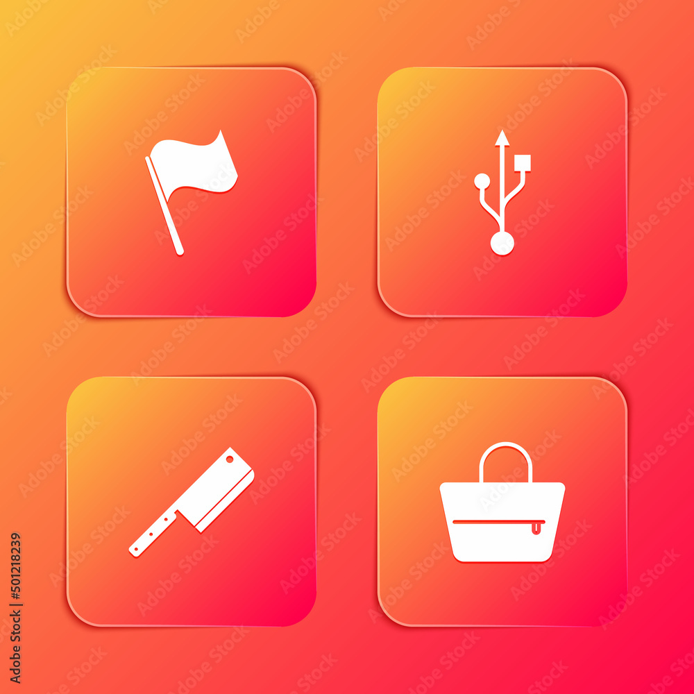 Set Flag, USB, Meat chopper and Handbag icon. Vector Set Flag, USB, Meat chopper and Handbag icon. Vector