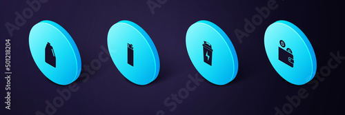 Set Isometric Wallet with coin, Fitness shaker, Lighter and Household chemicals bottle icon. Vector