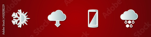 Set Sun and snowflake, Cloud download, Smartphone, mobile phone and with rain icon. Vector