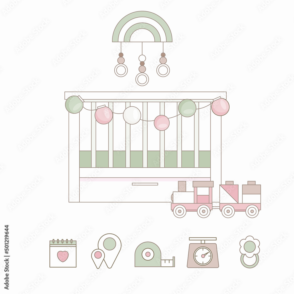 Fototapeta premium Set of cute baby shower card or nursery poster.Baby announcement card.Trendy baby and children elements