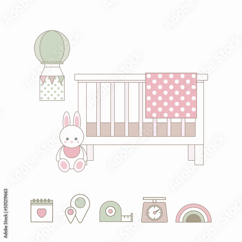 Set of cute baby shower card or nursery poster.Baby announcement card.Trendy baby and children elements