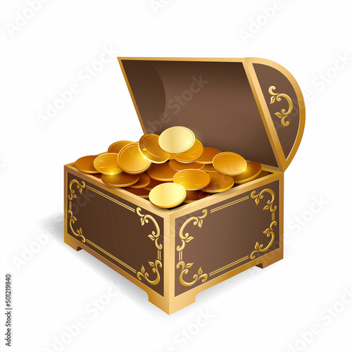Elegant vintage box full of gold coins. Isolated on white. Vector illustration.