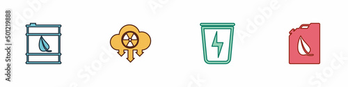 Set Bio fuel barrel, Acid rain and radioactive cloud, Lightning with trash can and canister icon. Vector