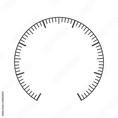 Scale example of pressure meter, manometer, barometer, speedometer, tonometer, thermometer, navigator or indicator tool. Round measuring dashboard template. Vector graphic illustration