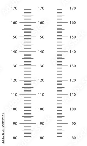 Stadiometer scale with marlup from 80 to 170 centimetres. Kids height chart template for wall growth stickers isolated on white background. Vector graphic illustration.