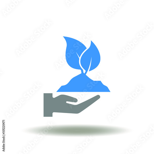 Vector illustration of hand hold soil with sprout. Icon of food technology. Symbol of ecology farming.