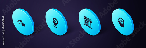 Set Isometric Head in profile with marijuana, Marijuana and cannabis store, Location and Medical pills icon. Vector