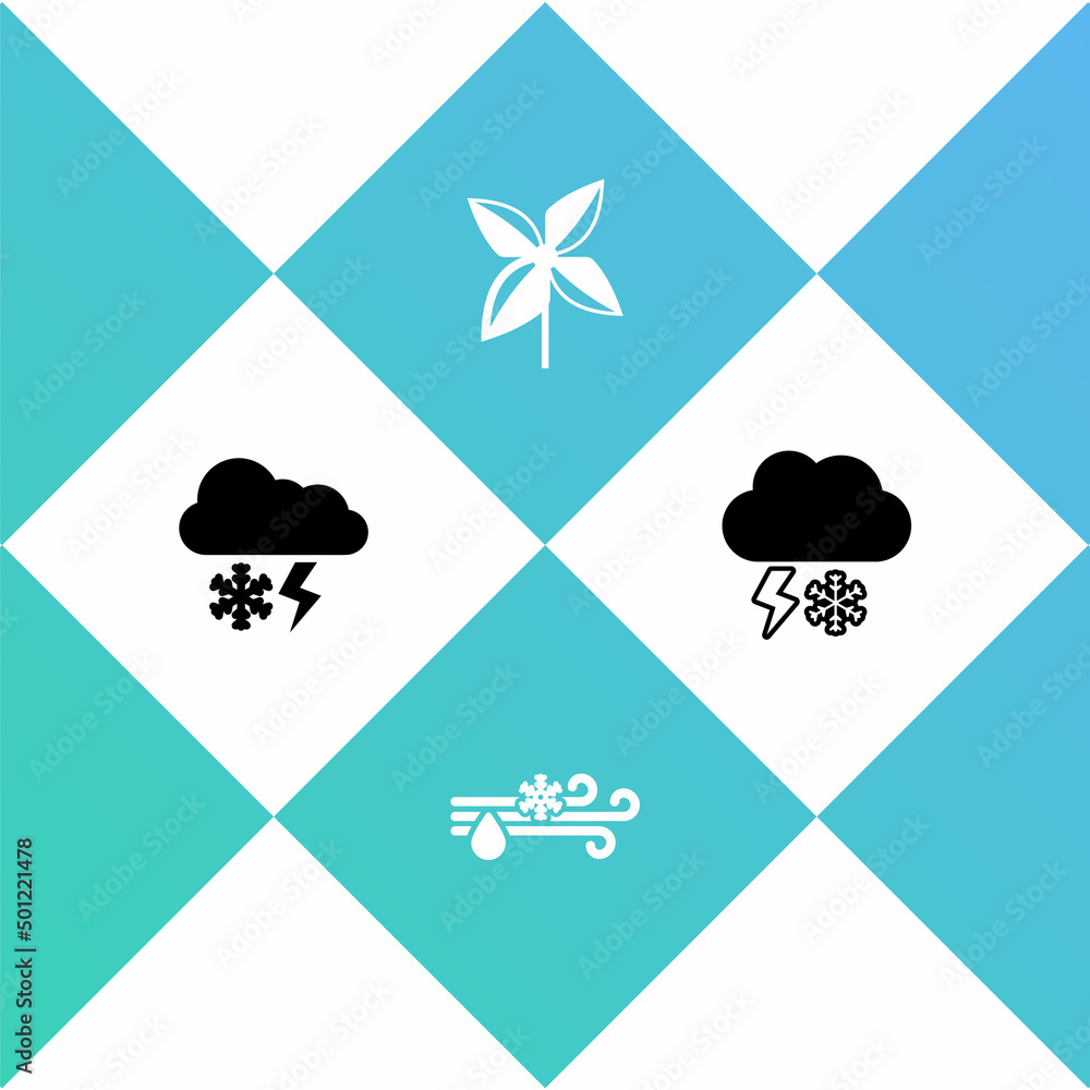 Set Cloud with snow and lightning, Wind rain, Pinwheel and icon. Vector