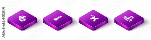 Set Isometric UV protection, Meteorology thermometer, Kelvin and Water icon. Vector