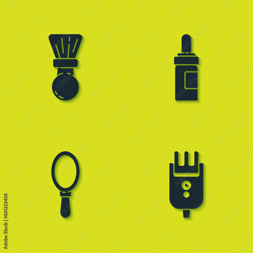 Set Shaving brush, Electrical hair clipper or shaver, Hand mirror and Beard mustaches care oil bottle icon. Vector Set Shaving brush, Electrical hair clipper or shaver, Hand mirror and Beard mustaches care oil bottle icon. Vector
