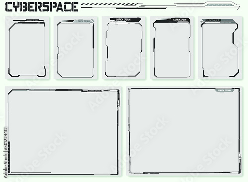 Collection of modern abstract posters. In acid style. Retro futuristic design elements, perspective grid, tunnel, circle. Black and white retro cyberpunk style. Futuristic info boxes layout templates.