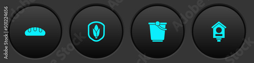 Set Bread loaf, Shield corn, Bucket and Bird house icon. Vector