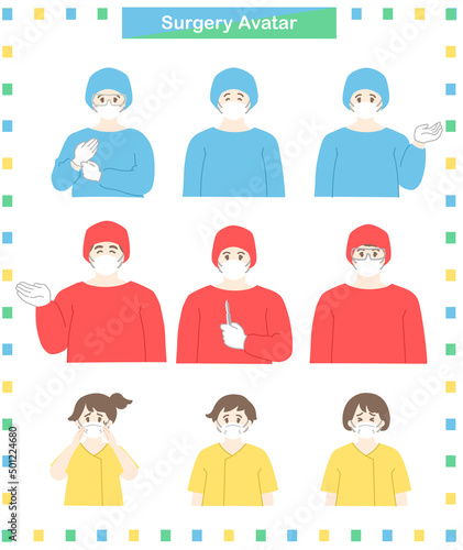 手術着を着た男女の医師と子供の主線なしイラストセット