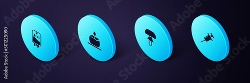 Set Isometric Syringe, Mushroom, Aroma candle and IV bag icon. Vector