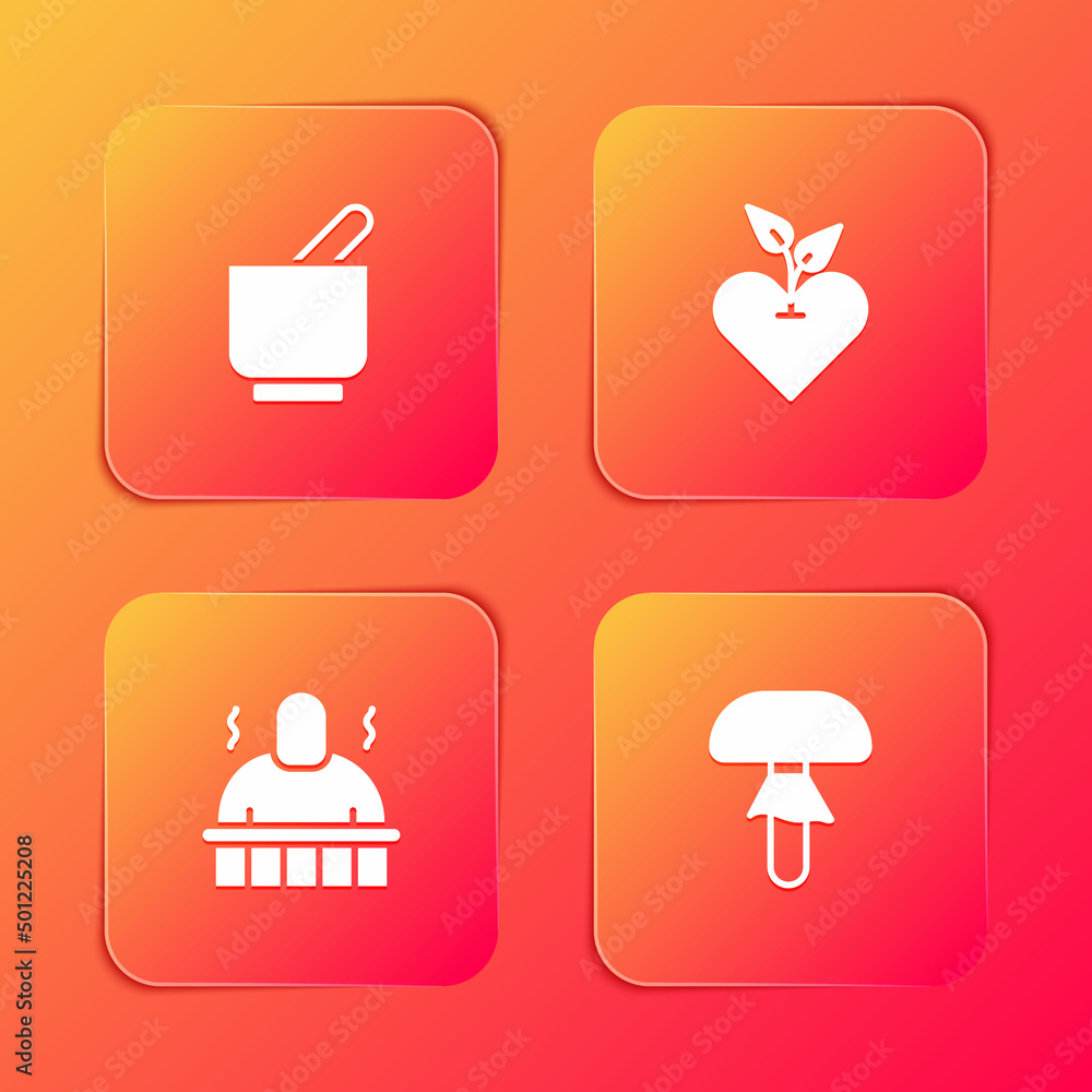 Set Mortar and pestle, Heart, Sauna spa procedures and Mushroom icon. Vector