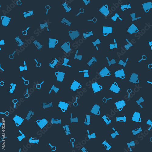 Set Aeropress coffee, Coffee cup, turk and filter holder on seamless pattern. Vector