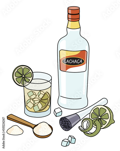 Stylish hand-drawn doodle cartoon style Caipirinha cocktail composition. A bottle of cachaca, sugar and lime. Goof for bar menu, cook book recipe, stickers or cards. photo