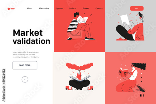 Startup illustration, website landing template Flat line vector modern concept illustration, startup metaphor. Concept of building new business, strategy, company processes. Market validation