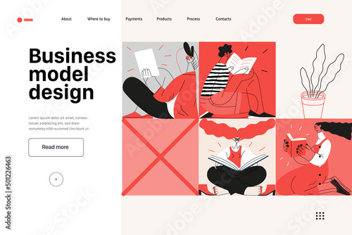 Startup illustration, website landing template Flat line vector modern concept illustration, startup metaphor. Concept of building new business, strategy, company processes. Business model design