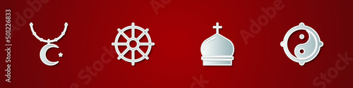 Set Star and crescent on chain, Dharma wheel, Church tower and Yin Yang icon. Vector