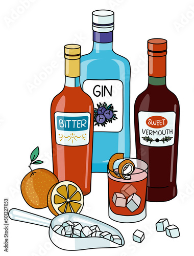 Stylish hand-drawn doodle cartoon style Negroni cocktail composition. A bottle of gin, Italian orange bitter, red sweet vermouth and orange. Goof for bar menu, cook book recipe, stickers or cards.