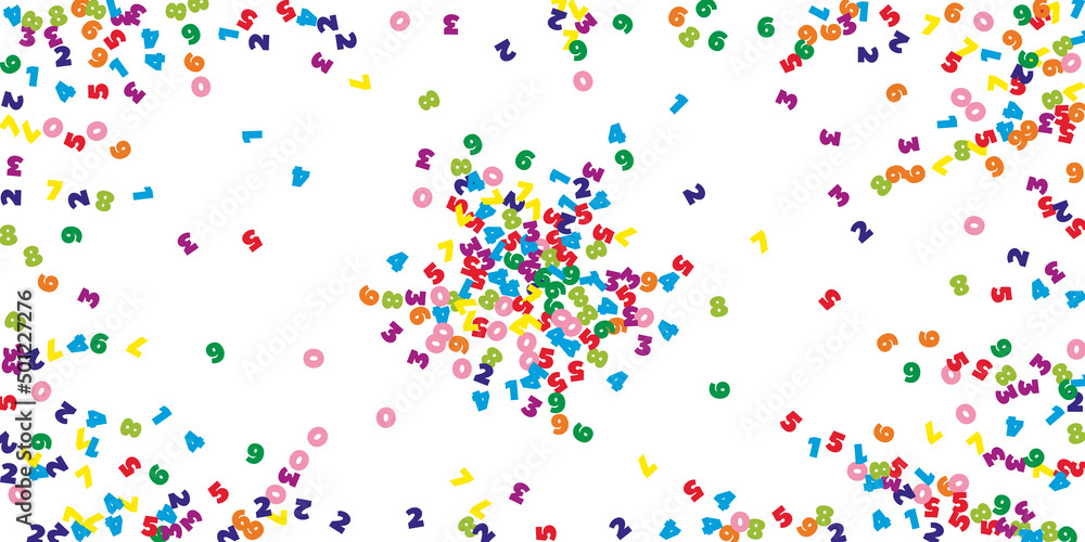 Falling colorful numbers. Math study concept with flying digits. Sublime back to school mathematics banner on white background. Falling numbers vector illustration. Falling colorful numbers. Math study concept with flying digits. Sublime back to school mathematics banner on white background. Falling numbers vector illustration.