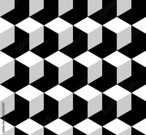 Cube shape black and white seamless vector pattern. Abstract geometrical background with isometric blocks.