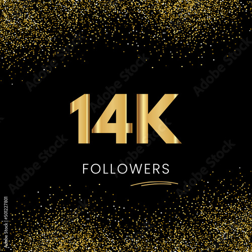 Thank you 14K or 14 Thousand followers. Vector illustration with golden glitter particles on black background for social network friends, and followers. Thank you celebrate followers, and likes.