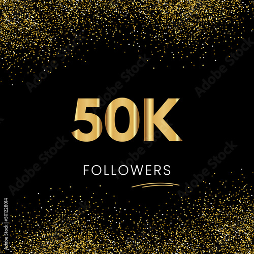 Thank you 50K or 50 Thousand followers. Vector illustration with golden glitter particles on black background for social network friends, and followers. Thank you celebrate followers, and likes.