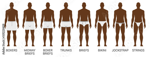Vector set of mens underwear pants. Black male model wearing different fashion underwear, isolated on white background.