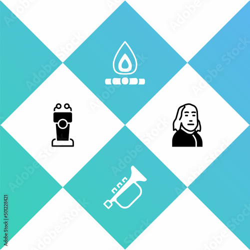 Set Stage stand or tribune, Trumpet, Campfire and Benjamin Franklin icon. Vector