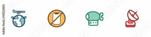 Set Globe with flying plane, No cell phone, Airship and Radar icon. Vector