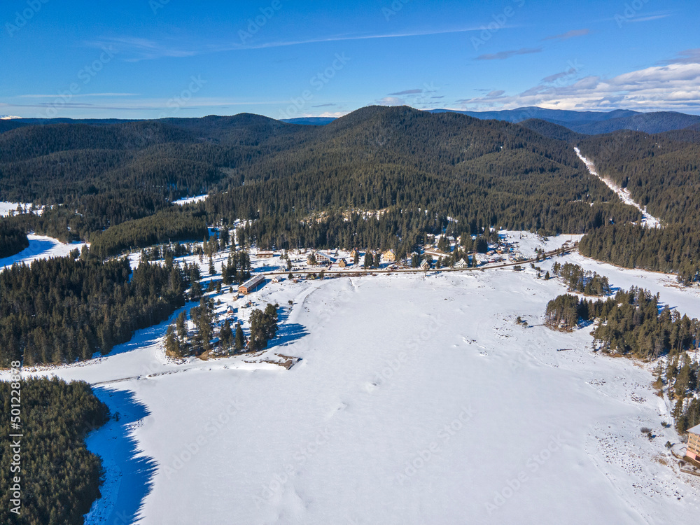 Aerial winter view of Shiroka polyana Reservoir, Bulgaria