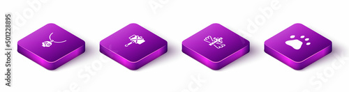 Set Isometric Necklace amulet, Medieval axe, Christian cross and Bear paw footprint icon. Vector
