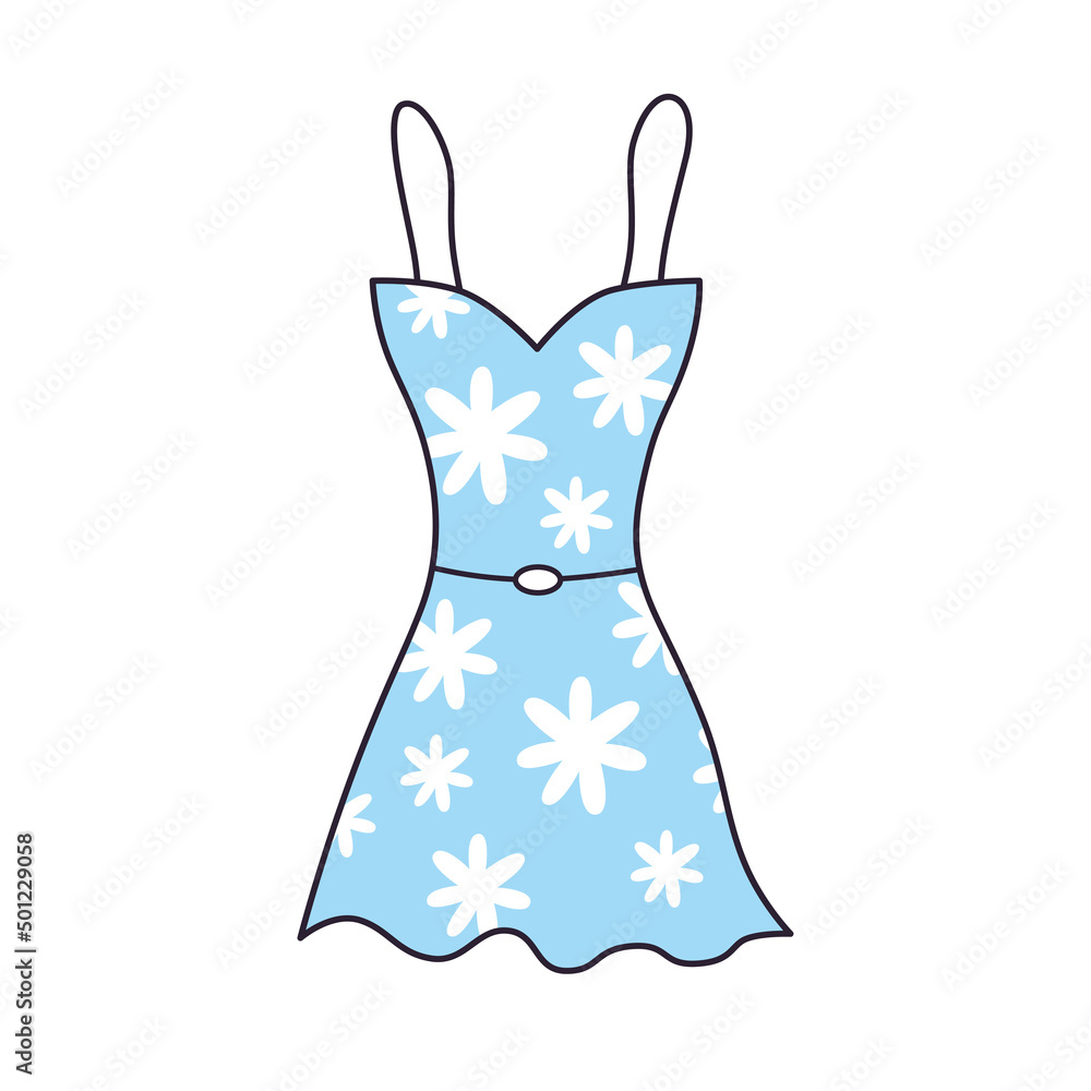 Blue summer mini dress with white daisy flowers pattern isolated cartoon vector Blue summer mini dress with white daisy flowers pattern isolated cartoon vector