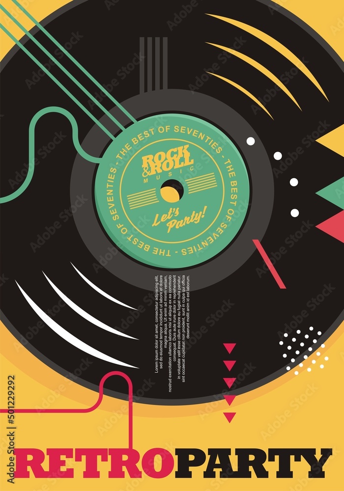 Vinyl record graphic design for retro party poster. Abstract Memphis style  template for seventies music party invitation or concert flyer. Minimalist  vector illustration. The best of seventies. Stock Vector
