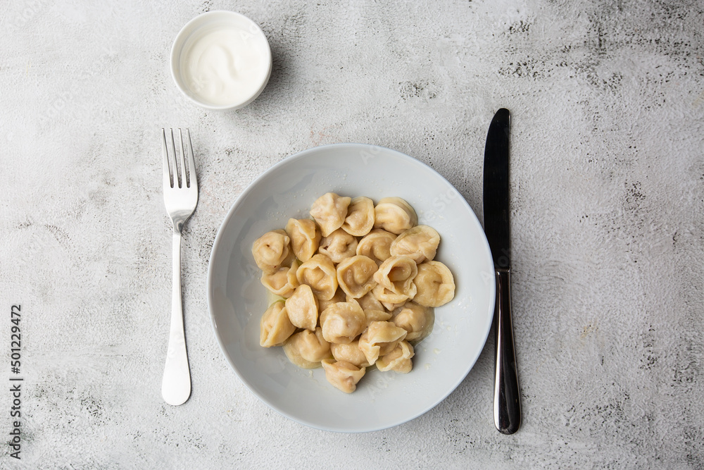 Meat dumplings, homemade russian pelmeni in bowl with sour cream isolated on bright background Meat dumplings, homemade russian pelmeni in bowl with sour cream isolated on bright background