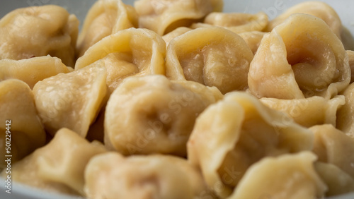 Meat dumplings, homemade russian pelmeni in bowl isolated on bright background with clipping path