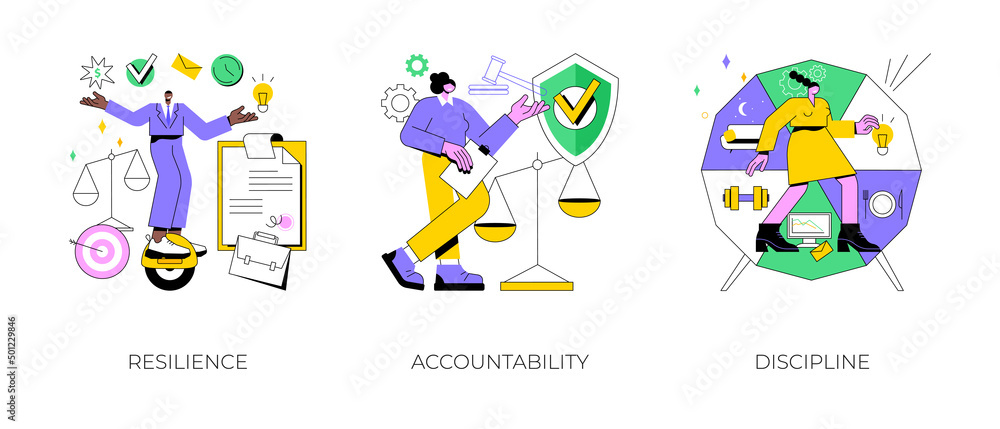 Fototapeta premium Personal quality abstract concept vector illustration set. Resilience, accountability and discipline, mental strength, psychological flexibility, decision making, leadership role abstract metaphor.