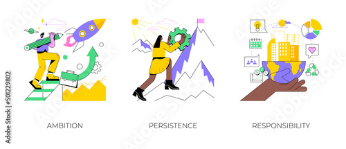 Goal achievement abstract concept vector illustration set. Ambition, persistence and responsibility, making fast career, self-confident, motivation and determination, success abstract metaphor.
