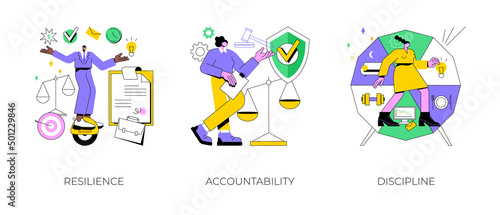 Personal quality abstract concept vector illustration set. Resilience, accountability and discipline, mental strength, psychological flexibility, decision making, leadership role abstract metaphor.