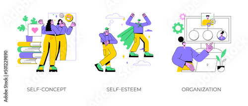 Personality trait abstract concept vector illustration set. Self-concept, self-esteem and organization, confidence, personal value, organize daily life, training personal skills abstract metaphor.