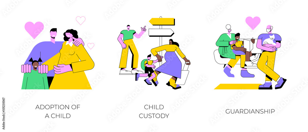 Obraz premium Parenting abstract concept vector illustration set. Adoption of a child, custody and guardianship, foster care parent, family conflict, orphanage, adoptive parents, separation abstract metaphor.