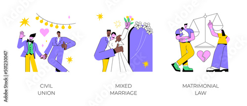 Family law abstract concept vector illustration set. Civil union, mixed marriage, matrimonial law, homosexual partnership, multiracial family, wedding day, mixed couple, relations abstract metaphor.